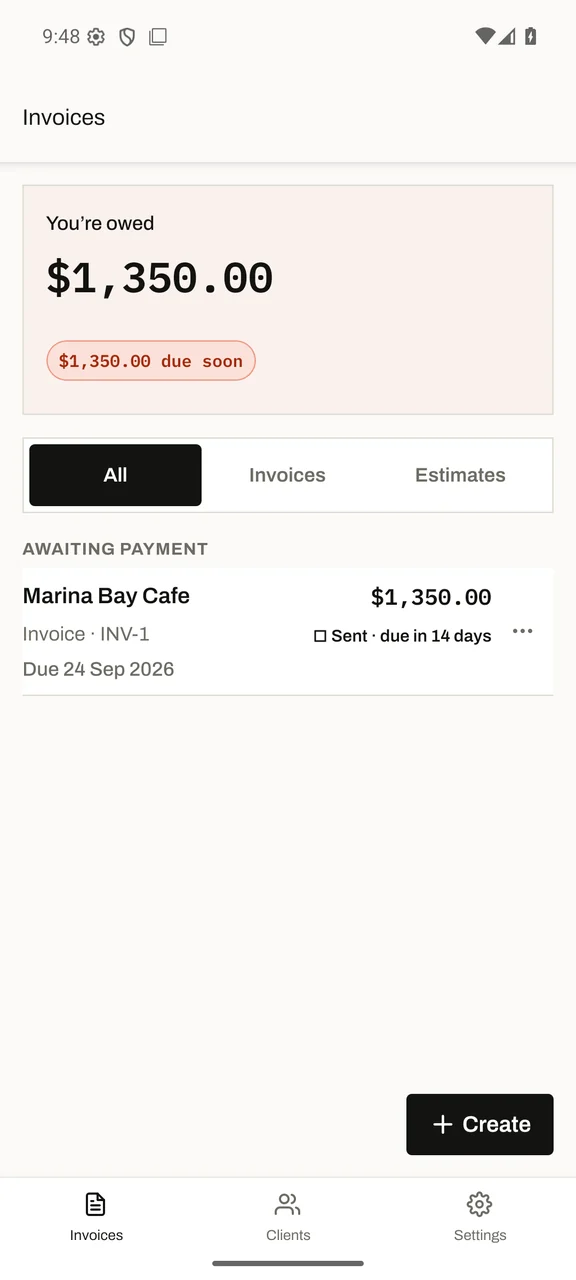 Invoice list showing a $1,350 balance and a sent invoice for Marina Bay Cafe.