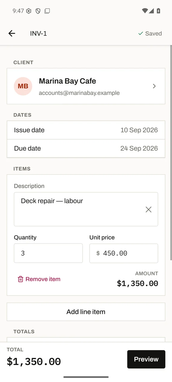Invoice editor with a deck repair line item, quantity, unit price and a running total.