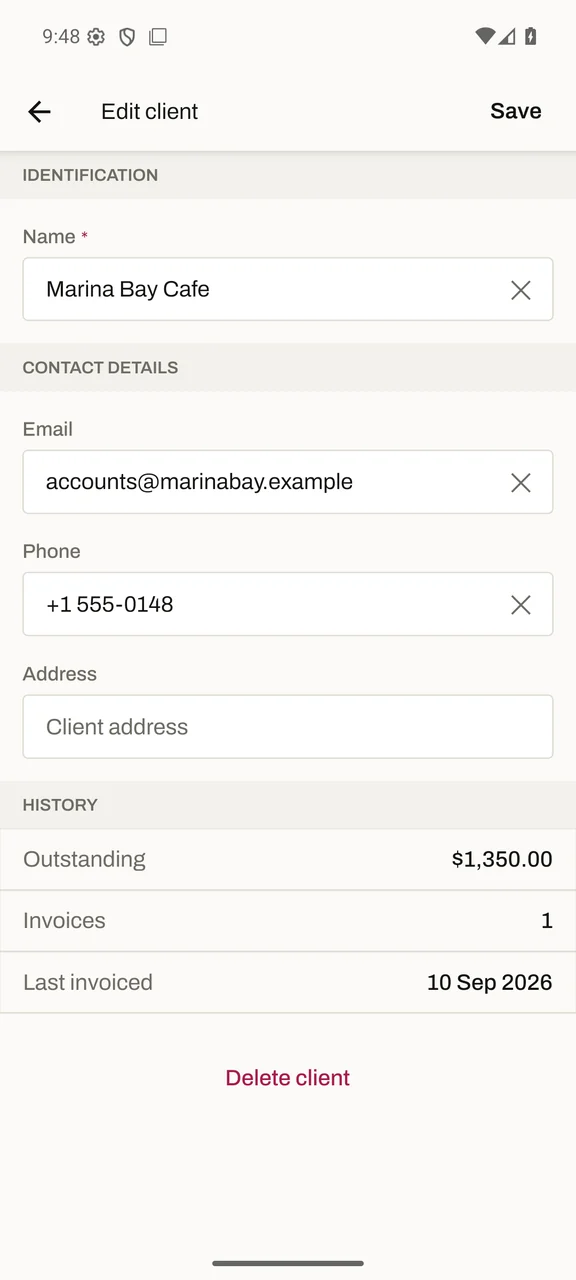 Client details for Marina Bay Cafe with contact fields, outstanding balance and invoice history.