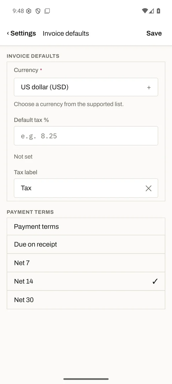 Invoice defaults with currency, tax fields and payment terms including Net 14.