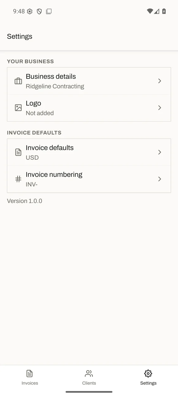 Settings with business details, logo, invoice defaults and invoice numbering.